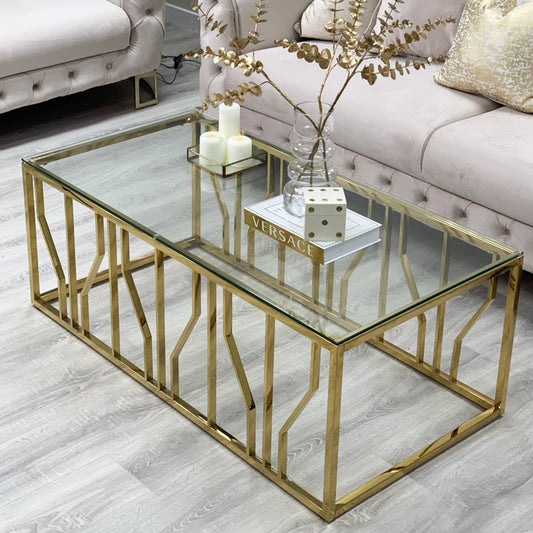 Table basse Aria Gold Deco avec plateau en verre transparent