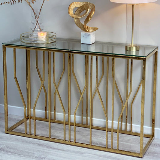 Console Aria Gold Deco avec plateau en verre transparent