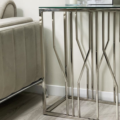 Console Aria Silver Deco avec plateau en verre transparent