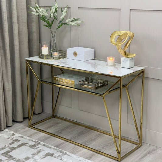 Console Ava Gold avec plateau effet marbre blanc