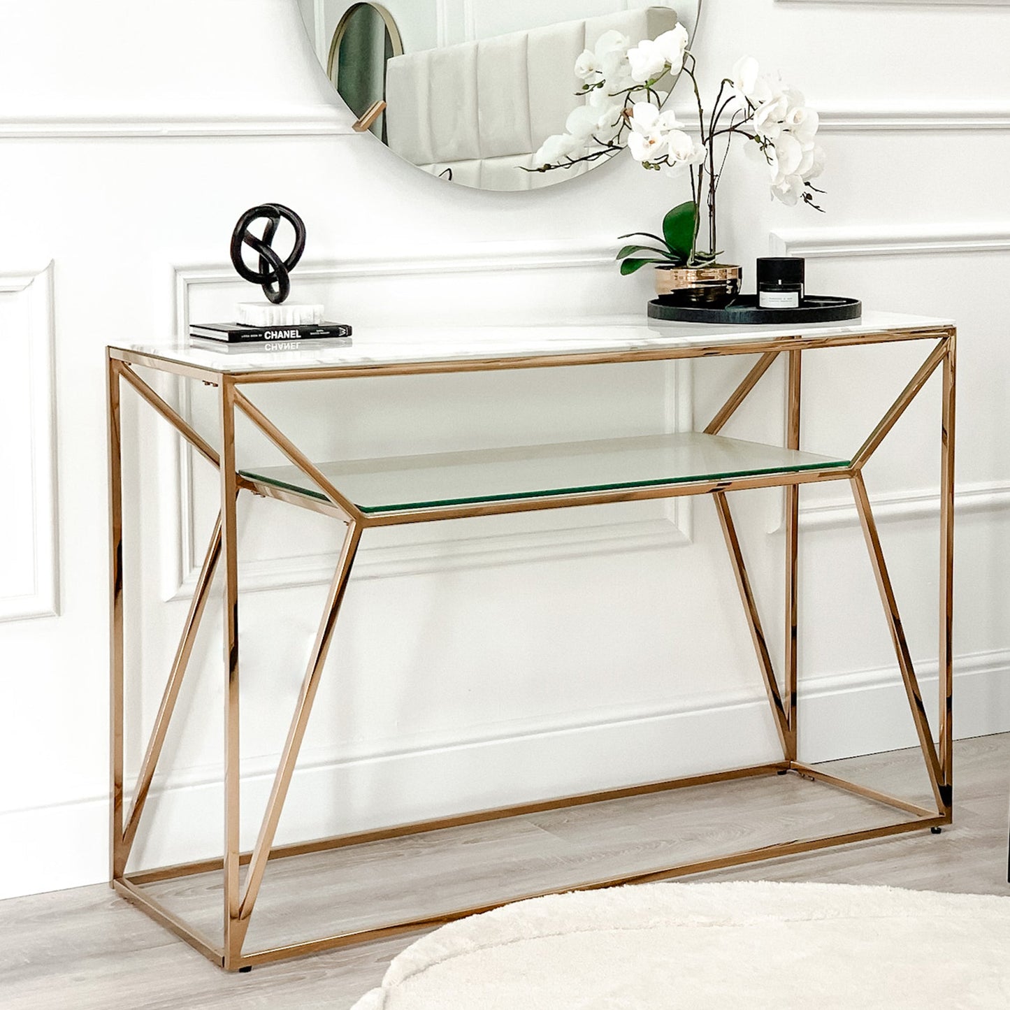 Console Ava Gold avec plateau effet marbre blanc