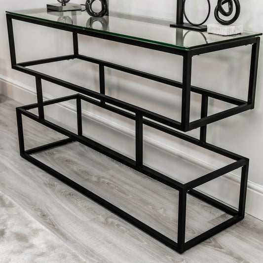 Console Lina en verre transparent avec cadre noir mat