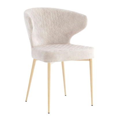 Chaise de salle à manger Levi en velours crème avec motif matelassé et pieds dorés