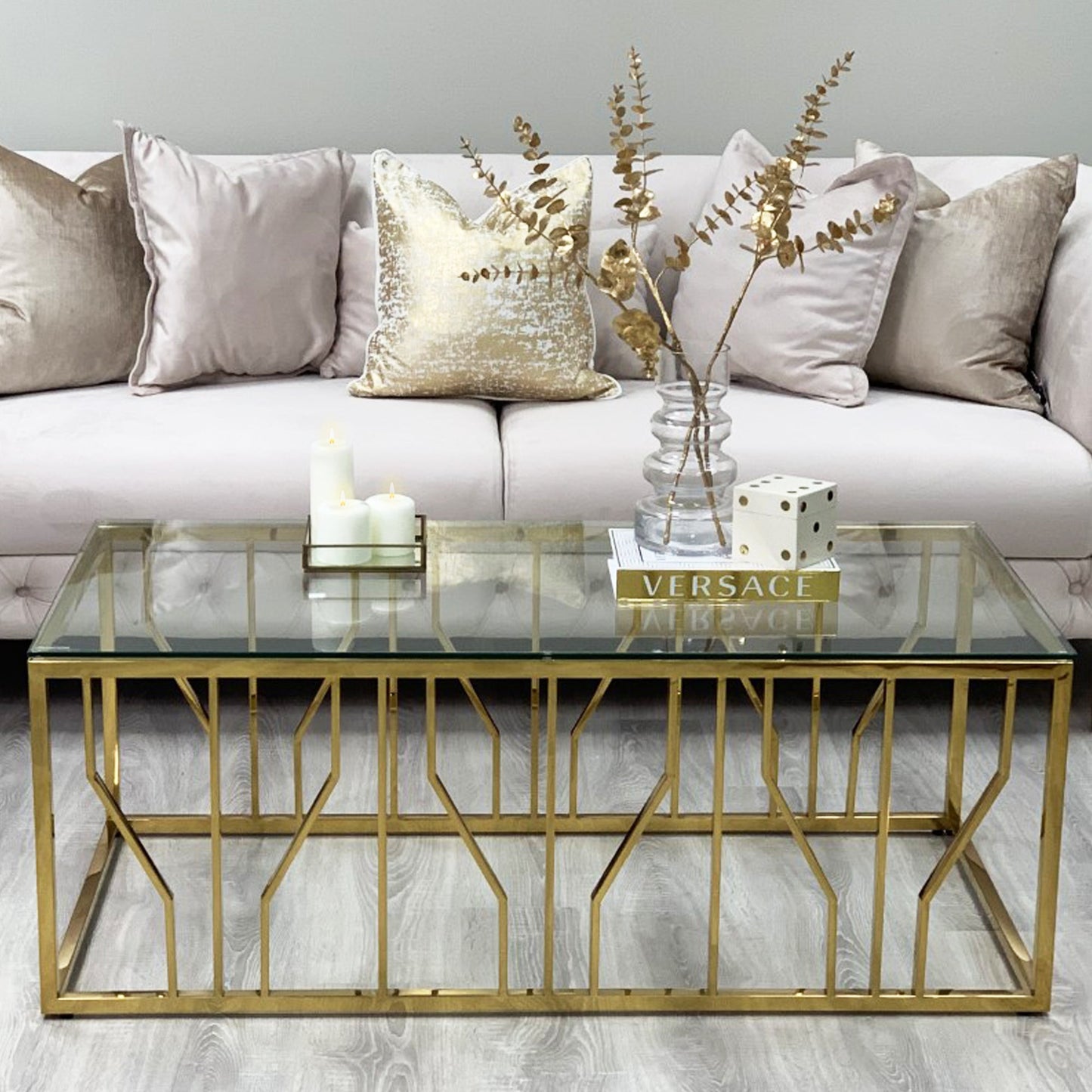 Table basse Aria Gold Deco avec plateau en verre transparent