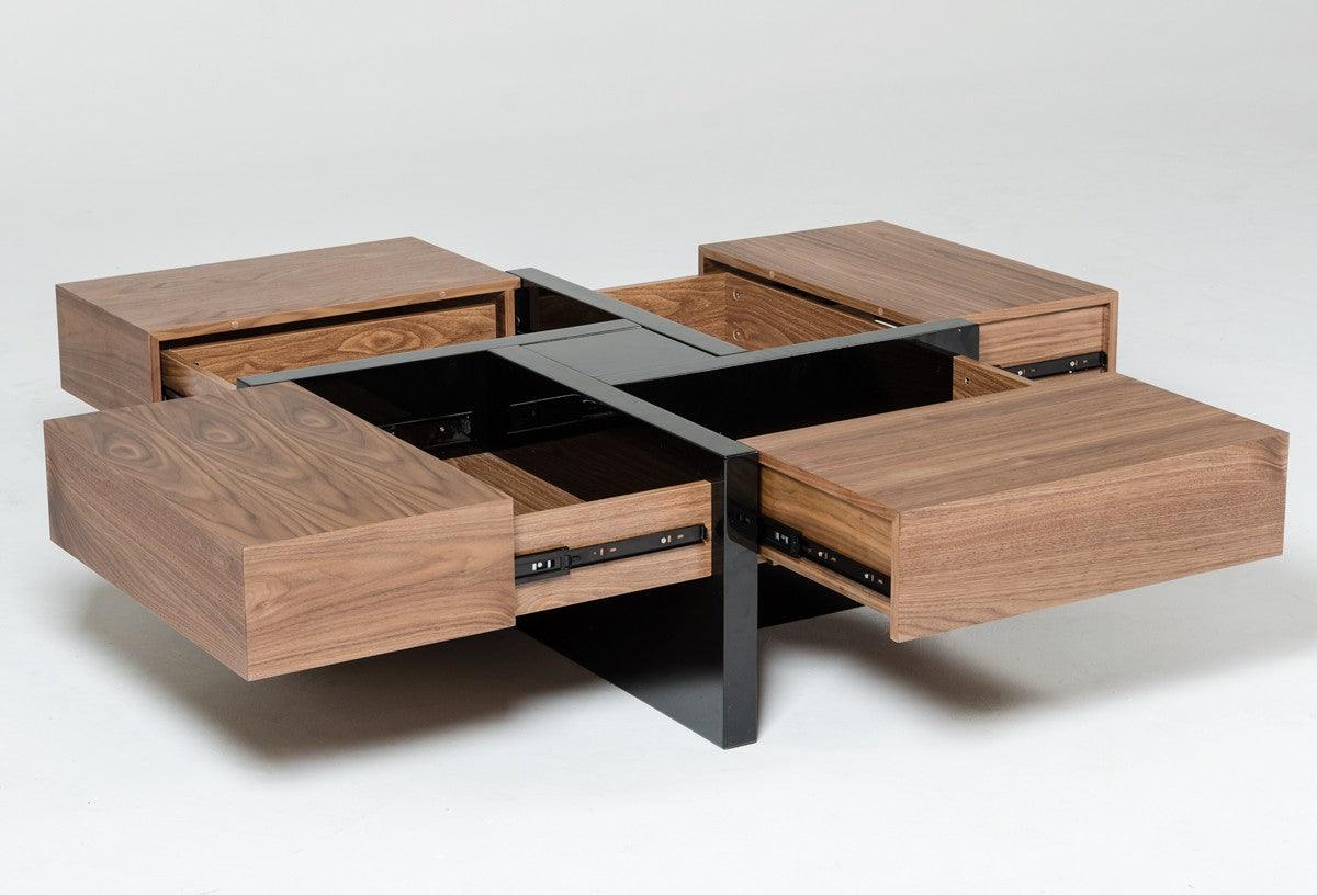 Table basse carrée moderne Malibu en noyer et noir 