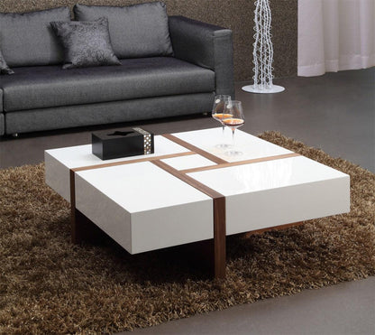 Table basse carrée moderne Malibu blanche et noyer 