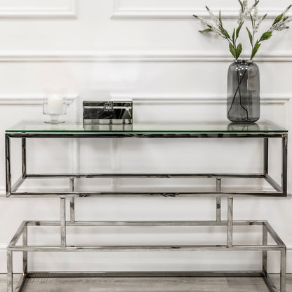 Console Lina en chrome argenté avec plateau en verre transparent
