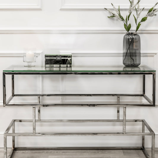 Console Lina en chrome argenté avec plateau en verre transparent