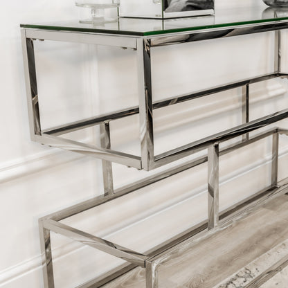 Console Lina en chrome argenté avec plateau en verre transparent