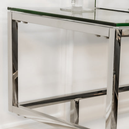 Console Lina en chrome argenté avec plateau en verre transparent