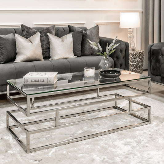 Table basse Lina en verre transparent avec cadre argenté