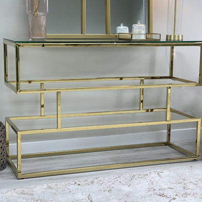 Console Lina dorée avec plateau en verre transparent