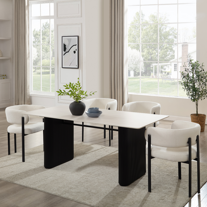 Chaise de salle à manger courbée Elle en lin ivoire avec cadre noir