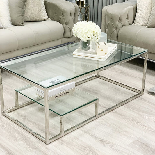 Table basse minimaliste en verre Enzo avec cadre argenté